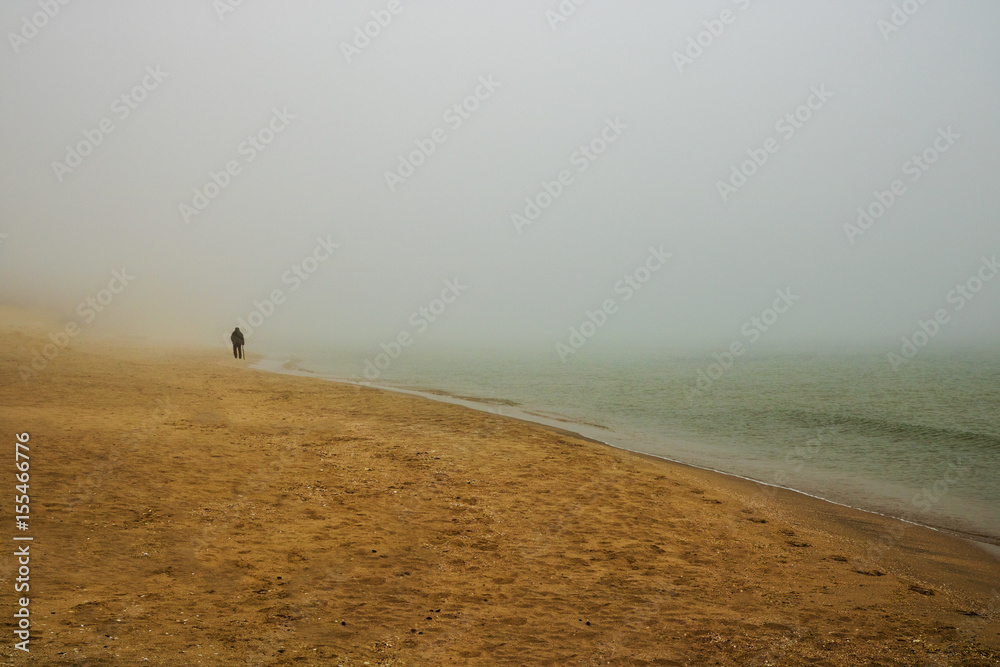 Obraz premium The old man and the sea. Silhouette of an old man with a cane walking on a foggy beach. Minimalist concept.