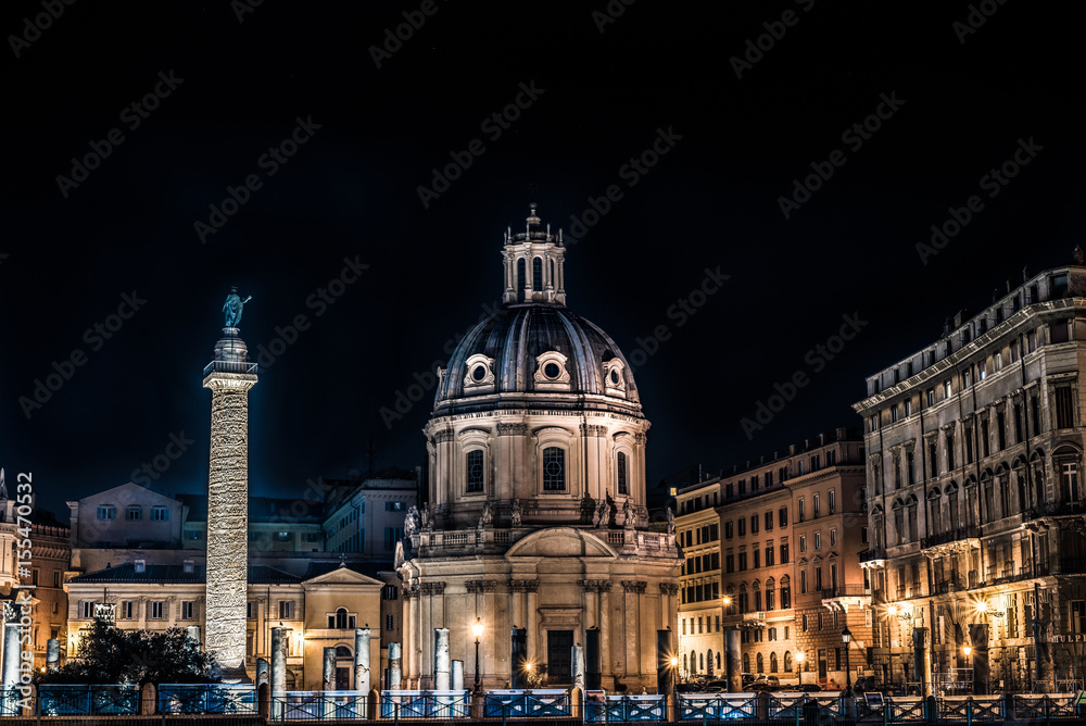 picturesque views of the Ulpia basilica at night, Rome, Italy