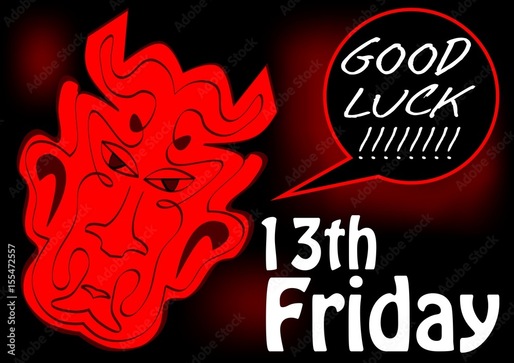 Friday 13th, good luck card with red devil head. Red drawing on black background. Friday 13th, good luck card with red devil head. Red drawing on black background.