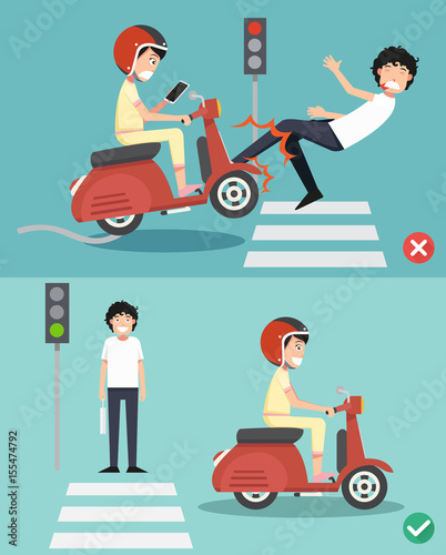 No texting, no talking. Right and wrong ways for riding a scooter to prevent an accident.illustration