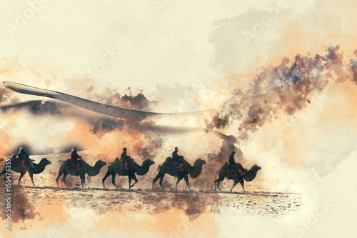 Camels in the desert watercolor painting on white background with splash of ink, digital illustration