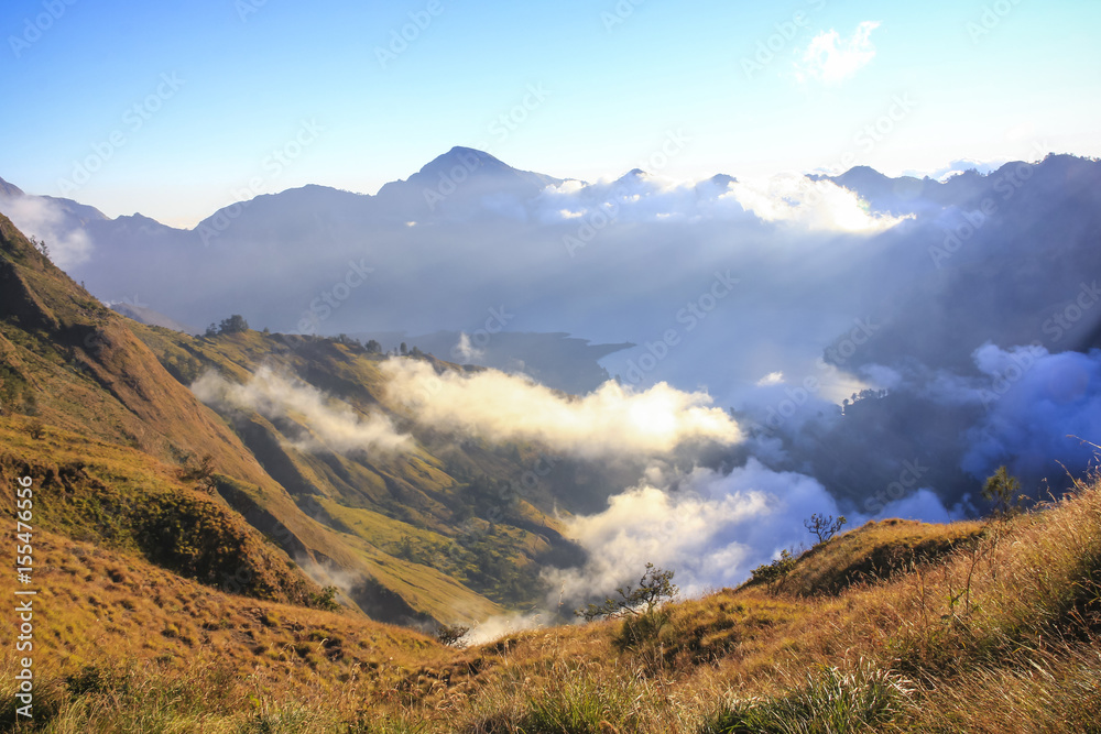 Cloudy and mist in Mountain Rinjani, active volcano at Lombok island of Indonesia