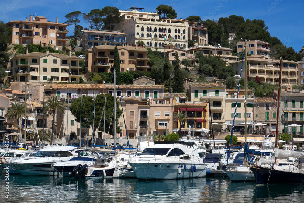 Marina view village of Port-Soller, Mallorca island, Balearic Islands, Spain.