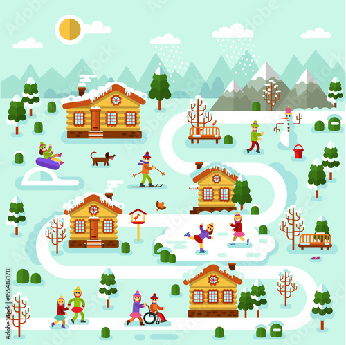 Flat design vector winter illustration of mountain village map. Included houses, rink, road, skiing, ice skating, snowman, disability boy on wheelchair. Ski resort in the countryside.