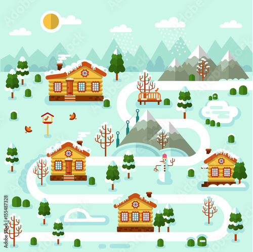Flat design vector winter illustration of ski resort map. Included houses with icicles on the roof, rink, road, snowman, pond, bench, snowfall, birds, trees. Rest in the countryside.