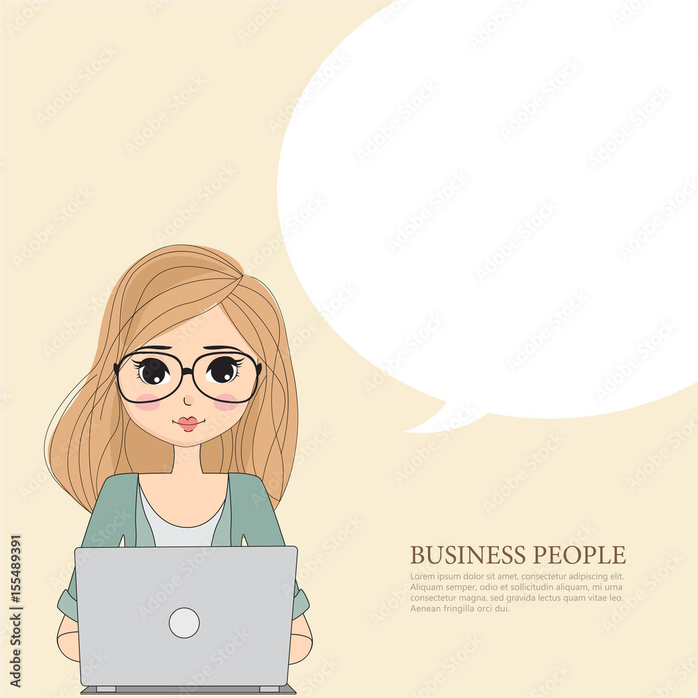 Cartoon woman in business working with a laptop. Cute character in  occupation. Illustration vector of drawing style. Stock Vector | Adobe Stock