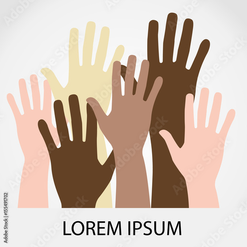 Raised hands up together with different skin tone