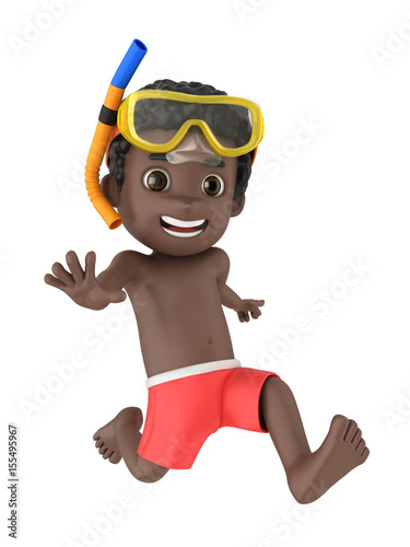 3d render of a kid wearing swimwear and goggles running