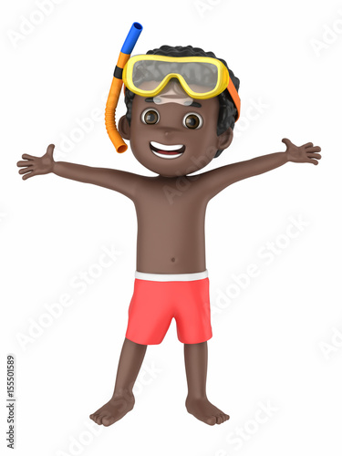 3d render of a kid wearing swimwear and goggles arms with open © Gouraud Studio