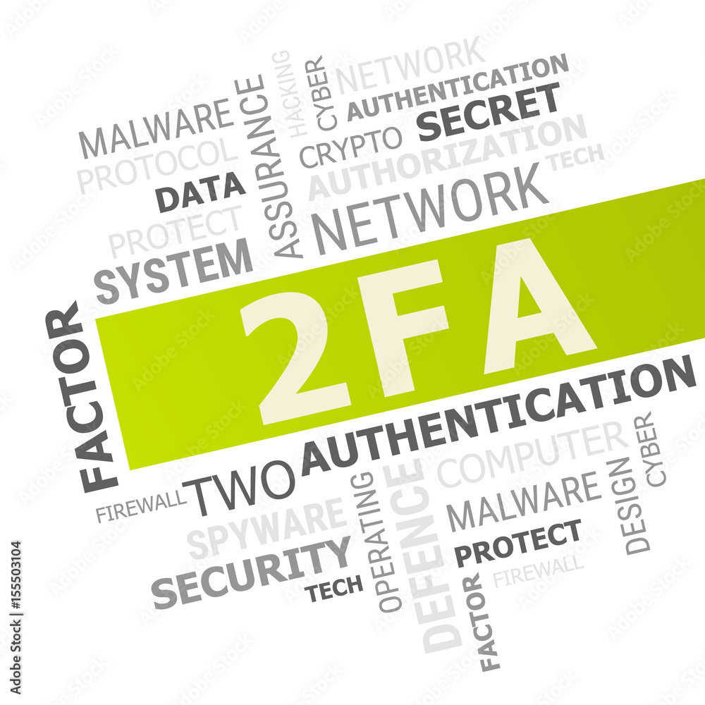 2FA word cloud, Two Factor Authentication. Cyber & Security concept.