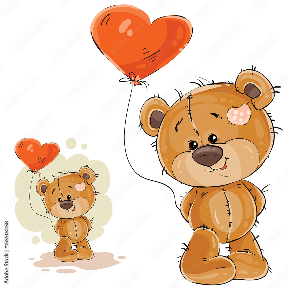 Fototapeta premium Vector illustration of a brown teddy bear holding in its paw a red balloon in the shape of a heart. Print, template, design element