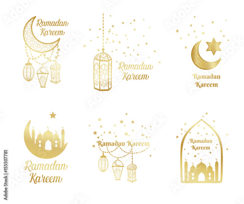 Ramadan Kareem greeting card, banner, poster, logo with lantern, crescent, moon and star elements. Vector arabic gold background in islamic style