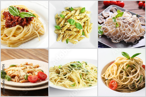 Collage of delicious pasta with different sauces