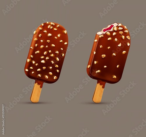 Vector set with chocolate popsicle on stick (whole and bitten with filling) with nuts. Isolated on beige background