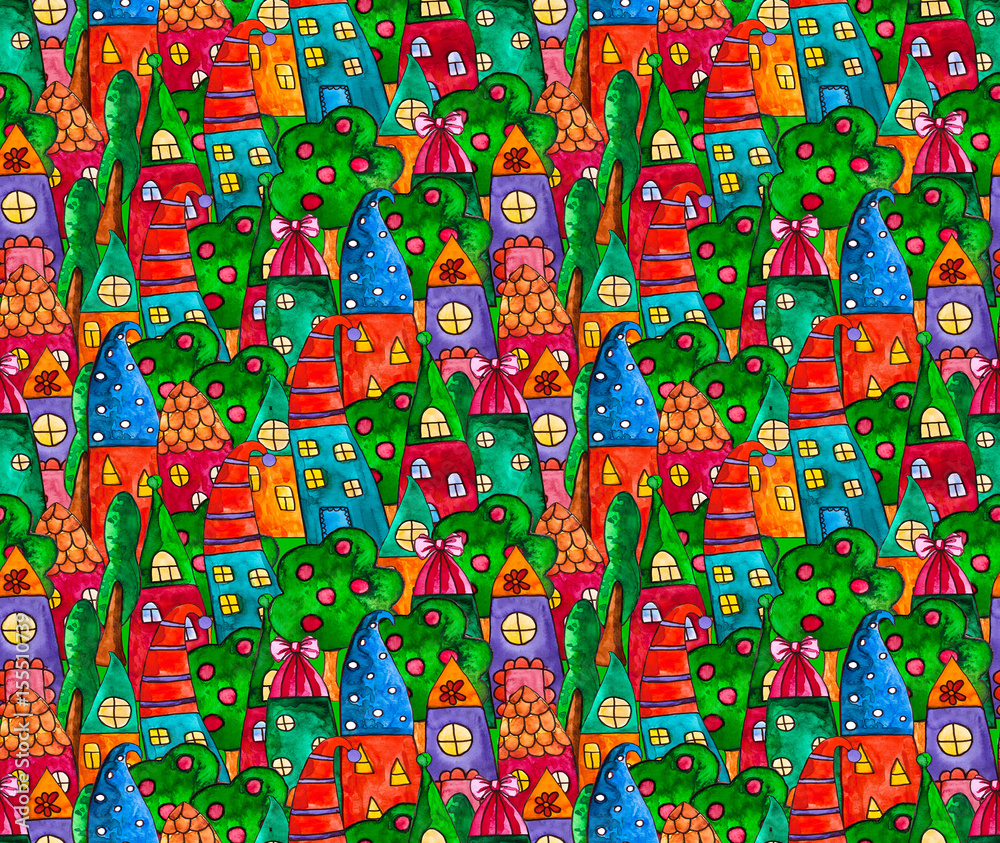 Fantasy bright sweet houses pattern in a whimsical childlike style. Cartoon houses. Cute dream watercolor hand paainted houses and trees.