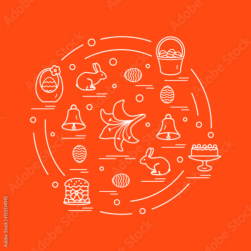 Cute vector illustration with different symbols for Easter arranged in a circle. Including icons of simnel cake, lily, baskets, eggs and other.
