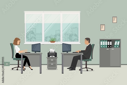 Web banner of two office workers. The young woman and man are an employees at work. There is furniture in a gray color on a windows background in the picture. Vector flat illustration