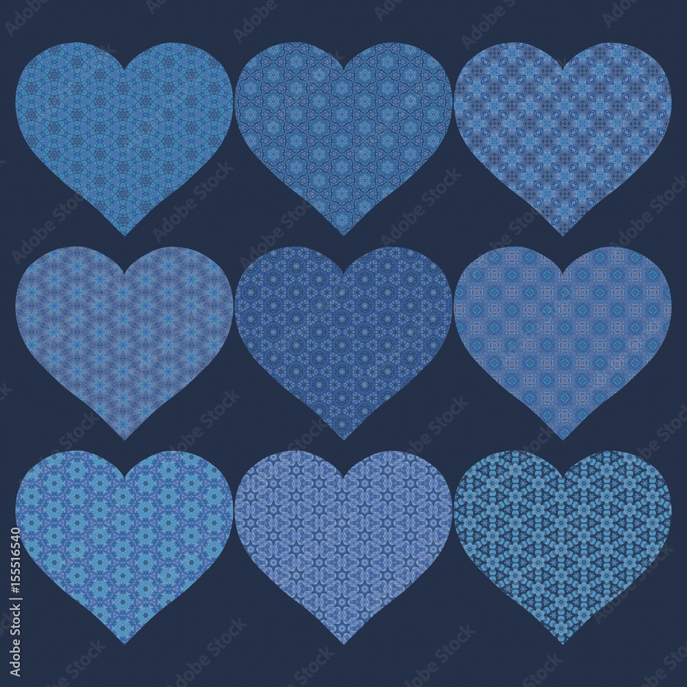 Background with nine blue hearts in patterns Background with nine blue hearts in patterns