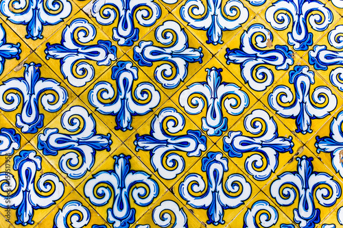 Colorful Vintage Style Ceramic Tile Pattern Texture and Background. Yellow, Blue and White Tiles for Floors and Walls.