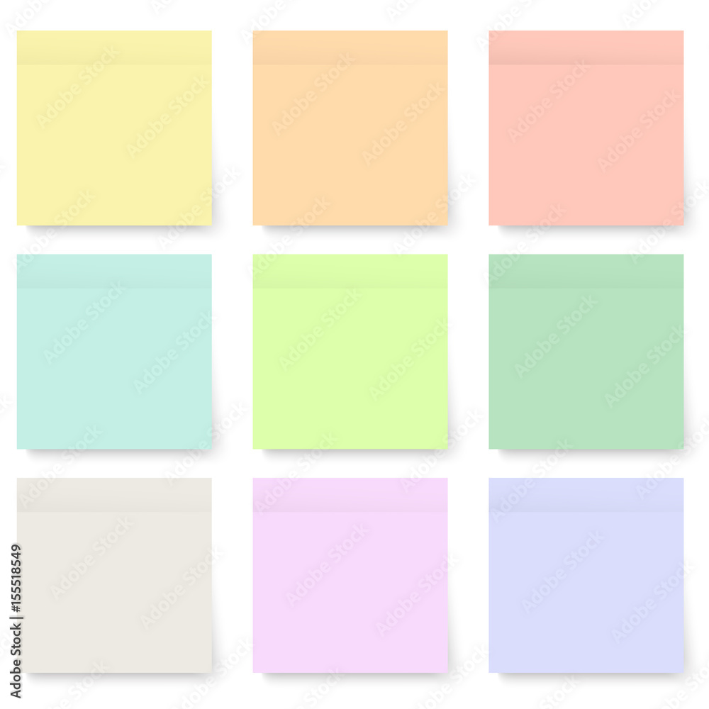 Set of blank pastel and colorful sticky notes isolated on white background with transparency shadows. Vector illustration.