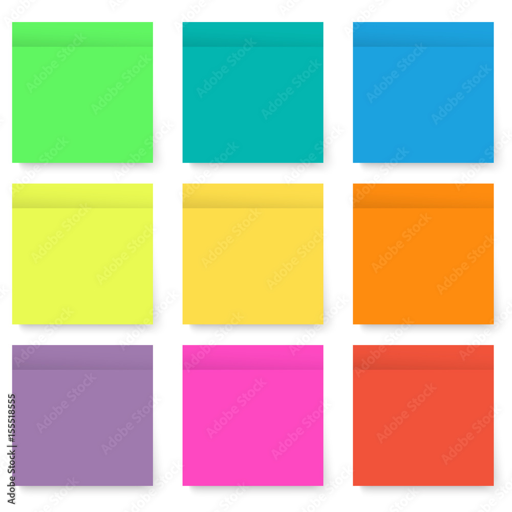 Set of blank bright and colorful sticky notes isolated on white background with transparency shadows. Vector illustration.