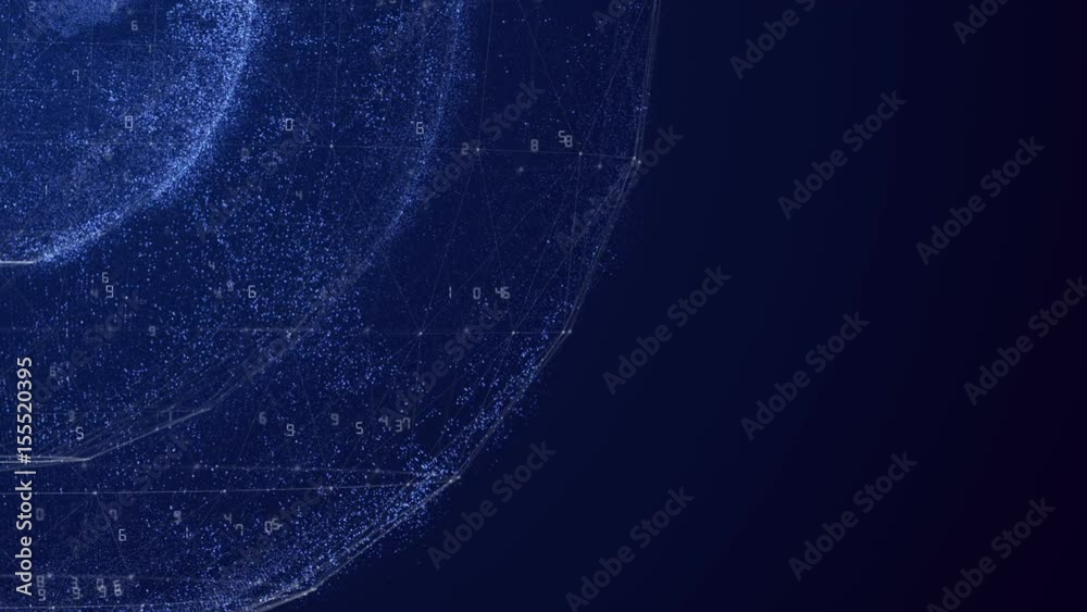 Cosmic digital sphere. 3D geometrical lines and figures shapes filled with particles.Plexus planet animation.