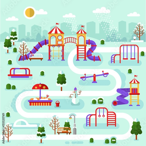 Flat design winter nature landscape of park map with kids playground. Infographics of winter entertainment for children. Vector illustration with snowman, swing, slides, rink, sandbox, snow, road.