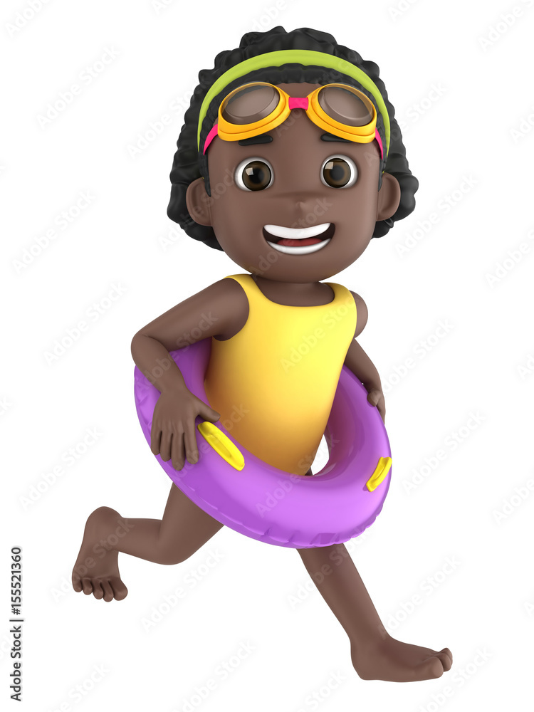 3d render of a kid wearing swimsuit and goggles running with a floater 3d render of a kid wearing swimsuit and goggles running with a floater