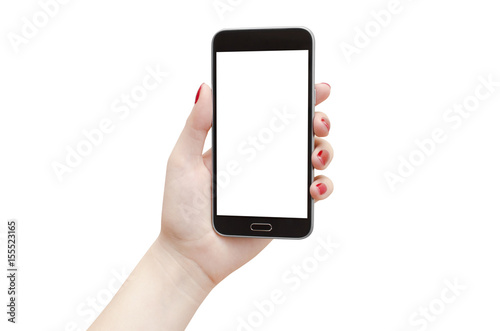 Female hand holding black smartphone with empty screen on white background