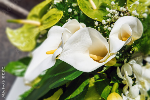 Flower arrangement with white arums photo