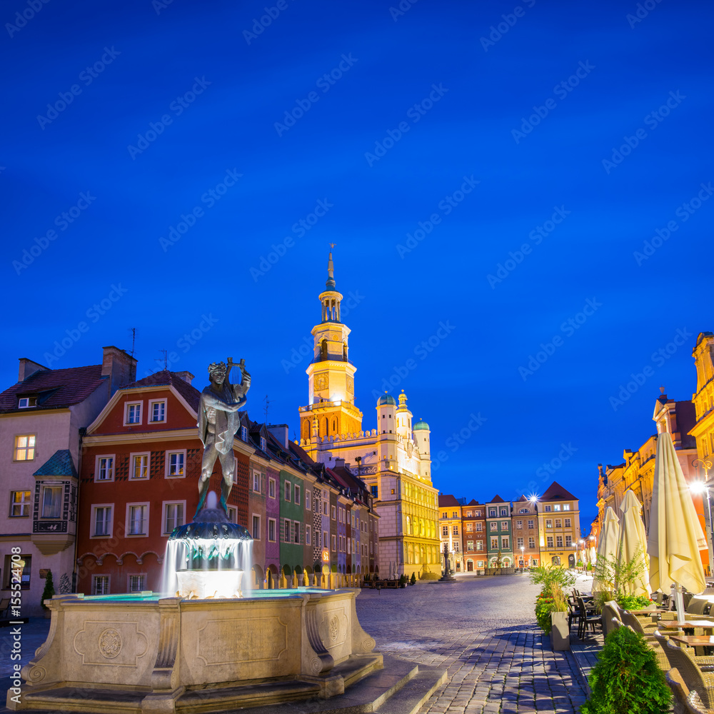 Night photo of Poznan Old Town with Apollo's fountain, beautifully decorated facade of the city hall and numerous highlighted townhouses.