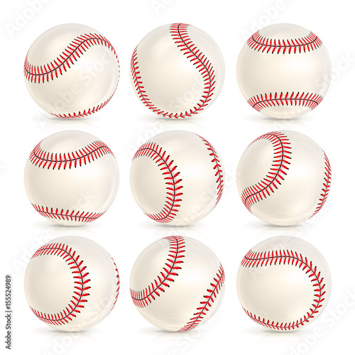 Baseball Leather Ball Close-up Set Isolated On White. SoftBall Base Ball. Realistic Baseball Icon. Vector Illustration
