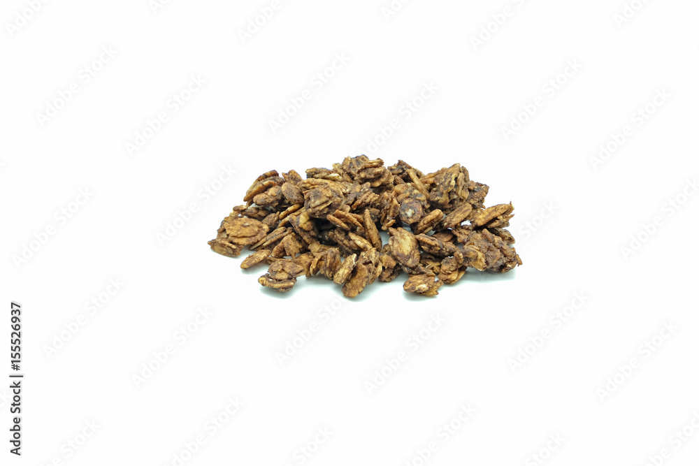 Granola and cereal meal on white background.