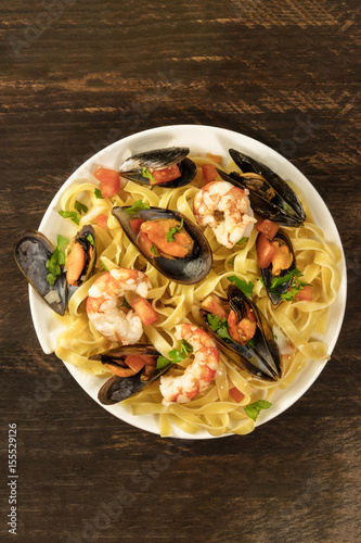Seafood pasta dish with mussels and shrimps
