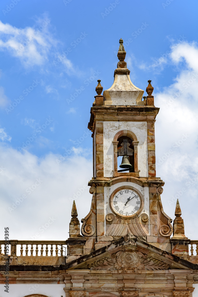 Ancient tower with bell and clock in the historic city of Ouro Preto, Minas Gerais