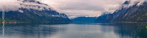 Sogn og Fjordane, Norway - May 14, 2017: Panorama of a fjord in Sogn og Fjordane county, Norway photo