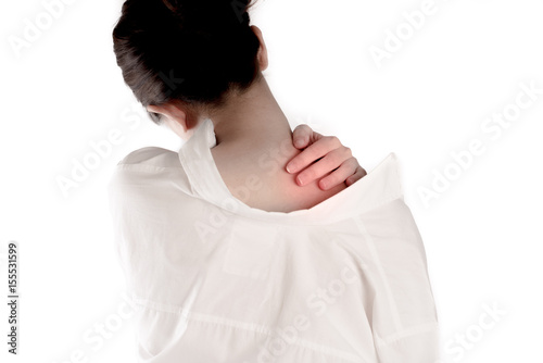 The woman has pained in the back and neck isolated on white background