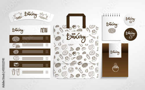 Home bakery identity design with food pattern, vector illustration.