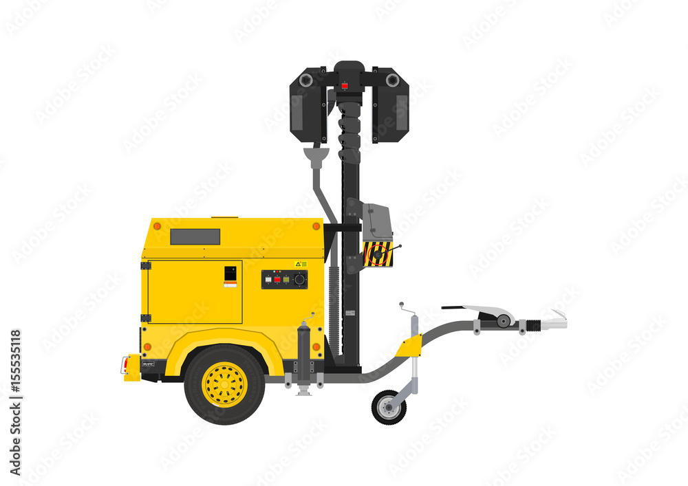 Yellow mobile light tower. Side view. Flat vector. Yellow mobile light tower. Side view. Flat vector.
