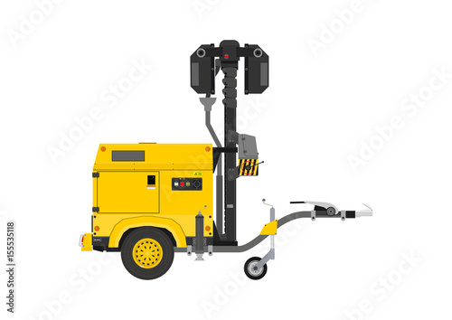 Yellow mobile light tower. Side view. Flat vector.