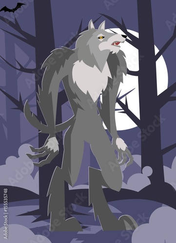 hungry great werewolf in the woods with full moon