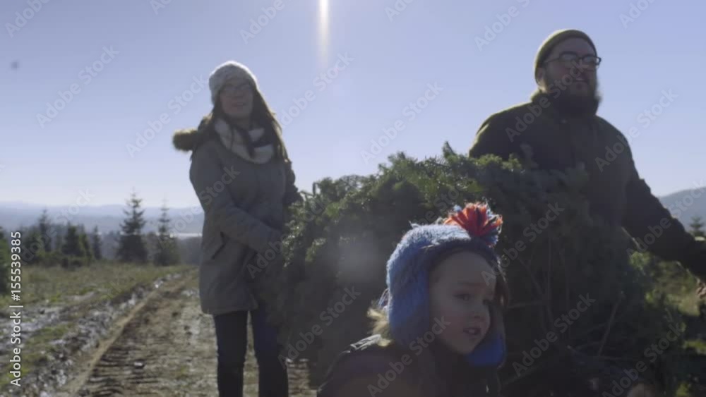 Happy Family Carries Their Christmas Tree Through Christmas Tree Farm