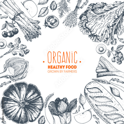 Healthy food top view vector illustration. Vegetarian collection. Organic food set.