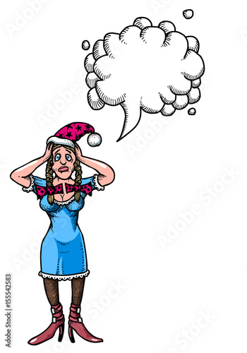 Cartoon image of stressed woman wearing santa hat. An artistic freehand picture. With speech bubble.