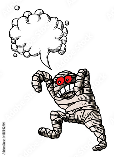 Cartoon image of bandaged mummy. An artistic freehand picture. With speech bubble.