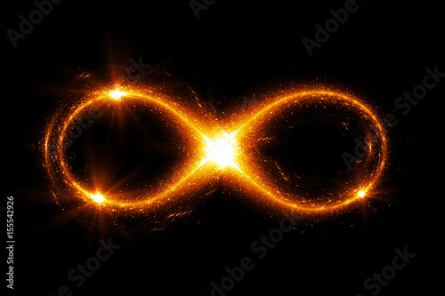 Lighting 3d infinity symbol. Beautiful glowing signs..Sparkling rings. Swirl icon on black background..Luminous trail effect. Colorful isolated sparkling loop.