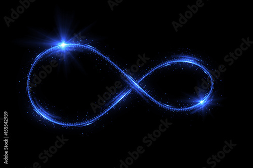 Lighting 3d infinity symbol. Beautiful glowing signs..Sparkling rings. Swirl icon on black background..Luminous trail effect. Colorful isolated sparkling loop.