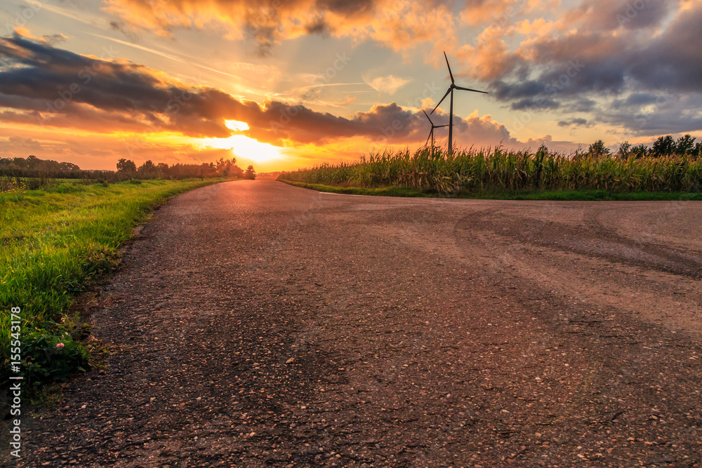 Obraz premium Rural scene, cloudy sunset with an empty road, corn fields and wind turbines. Diest, Flanders, Belgium, Europe