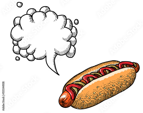 Cartoon image of hotdog. An artistic freehand picture. With speech bubble.