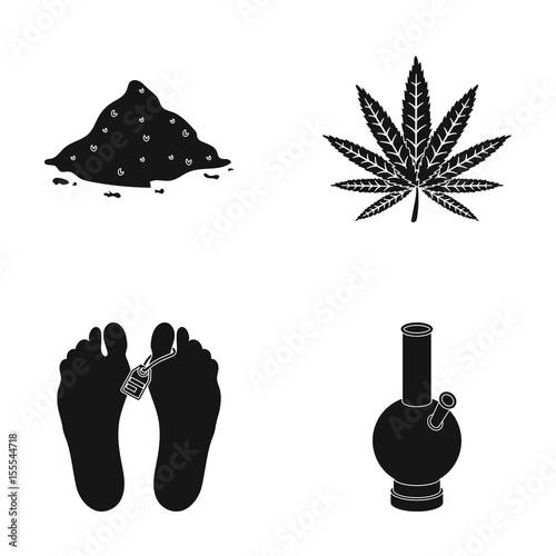 Hemp, cocaine, bong, corpse in the morgue. Drugs set collection icons in black style vector symbol stock illustration web.